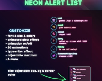 Neon Event List for Twitch - Rotator, Follow, Subscribe, Donation, Merch, Raid, Bit for StreamElements