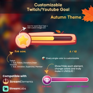 May include: A customizable Twitch/YouTube goal graphic with an autumn theme. The design includes a wooden-style progress bar with a star and diamond sub-goal indicators. Text highlights customization options and compatibility with StreamElements and StreamLabs.
