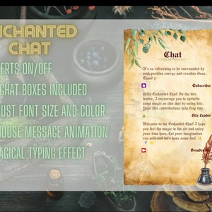 Puede incluir: Imagen de una superposición de "Enchanted Chat" con opciones para alertas, cuadros de chat, tamaño de fuente, animación y un efecto de escritura mágico. El diseño incluye un bastón con una bola de cristal y una ventana de chat estilo pergamino.