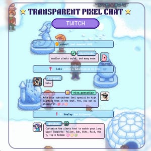 Könnte beinhalten: Ein Screenshot eines Twitch-Chats mit einem pixeligen Winterthema. Der Chat zeigt mehrere Nachrichten von verschiedenen Nutzern, darunter Spenden, Abonnements und Grüße. Der Chat ist vor einem blauen Hintergrund mit weißen Schnee- und Eis-Grafiken platziert.