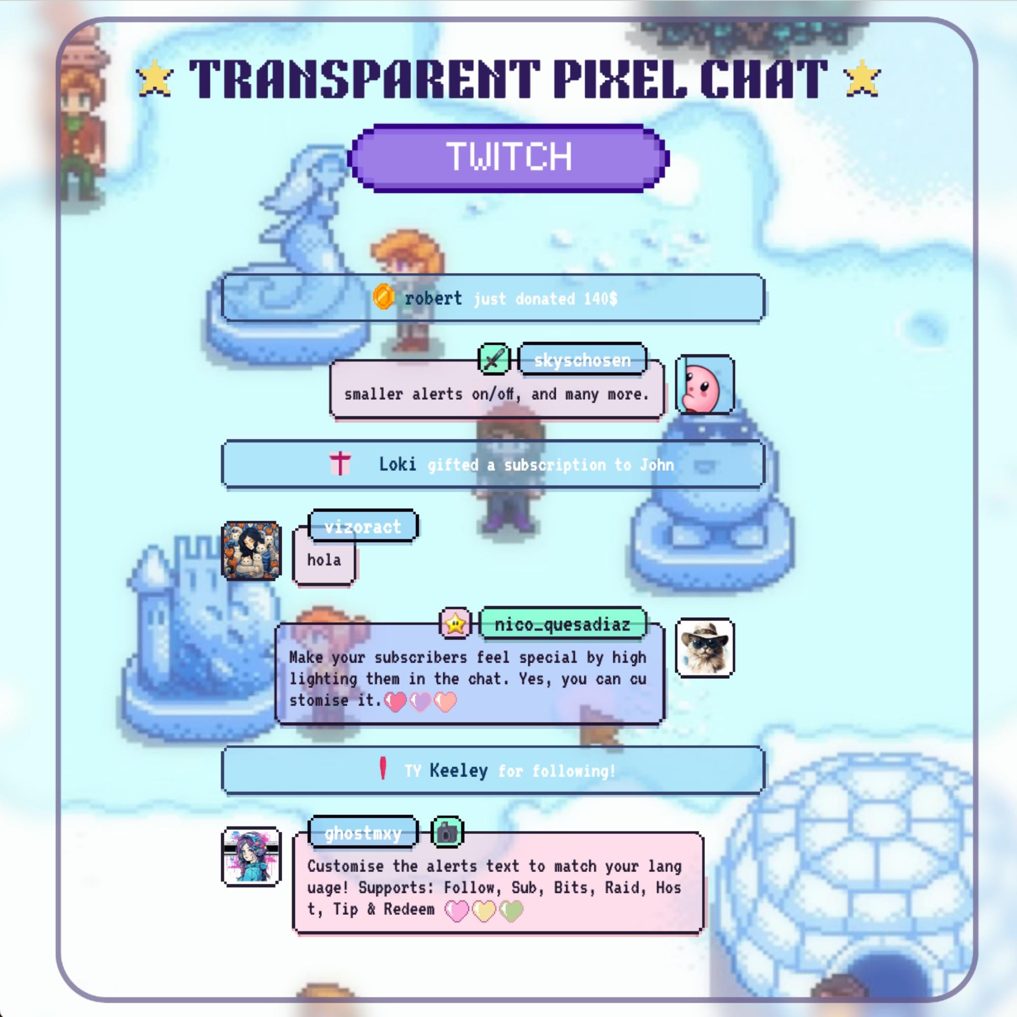 Twitch Glass Pixel Chat with Avatars | Animated Cute Transparent style | StreamElements - One click install