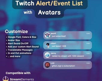 Lista de eventos de Twitch con avatares en estilo de notificación para teléfonos inteligentes para StreamLabs y StreamElements