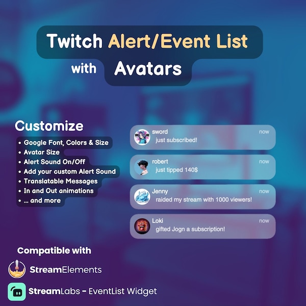 Twitch Event List with Avatars smartphone notification style for StreamLabs and StreamElements