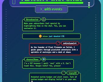Chat de Twitch de píxeles con lista de eventos, insignias animadas, emoticonos y efecto de máquina de escribir para StreamElements y OBS