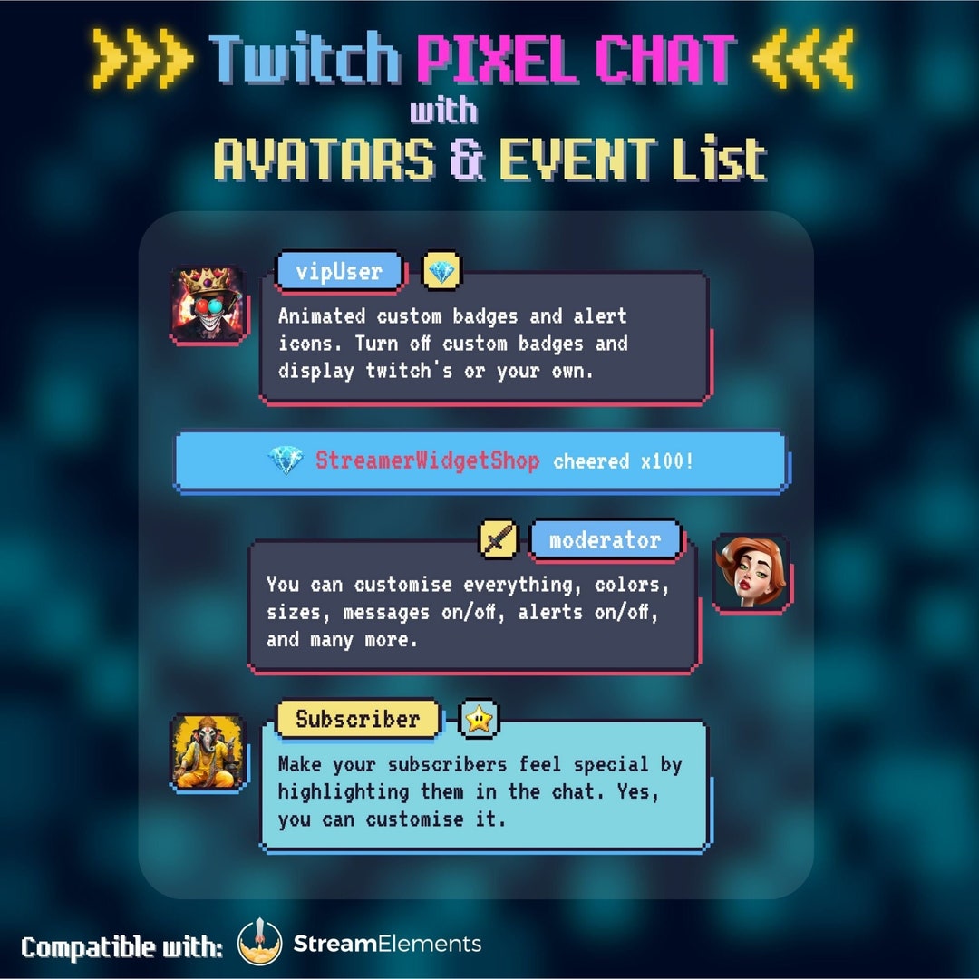 Twitch Pixel Chat AVATARS, Event List, Animated Badges, Emotes