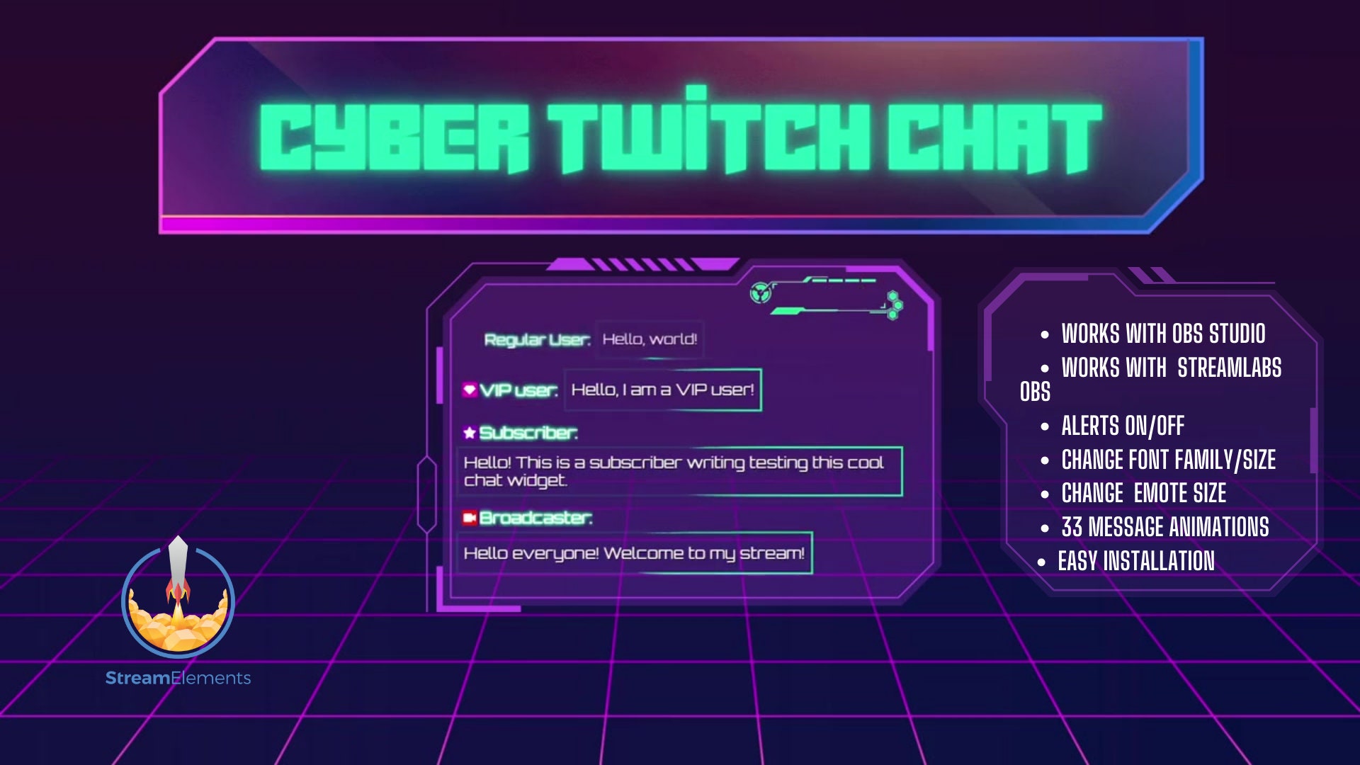 Cyberpunk Inspired Twitch Widget, Stream Chat Overlay, Streamelements
