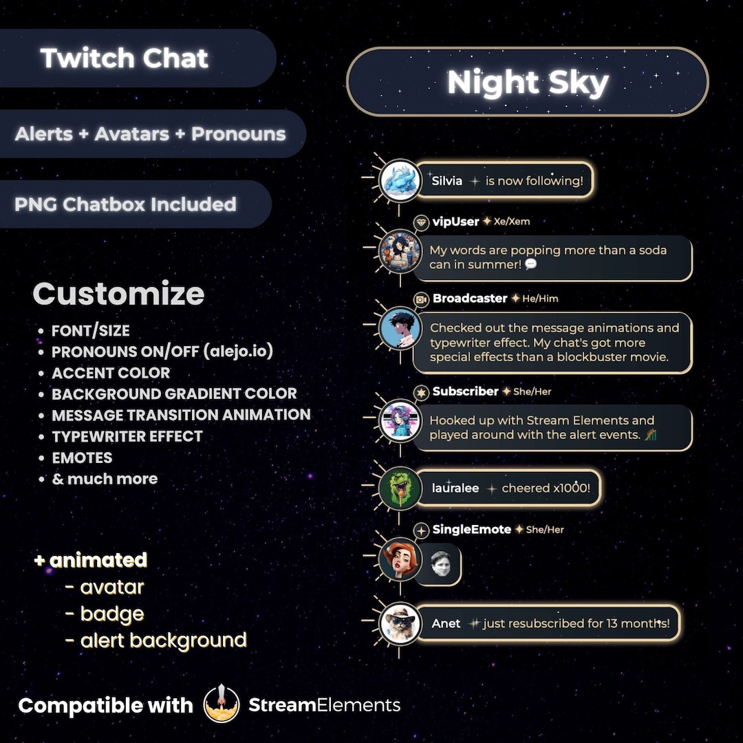 Night Sky Twitch Chat With Avatars, Animated, Alerts and Pronouns, Chat