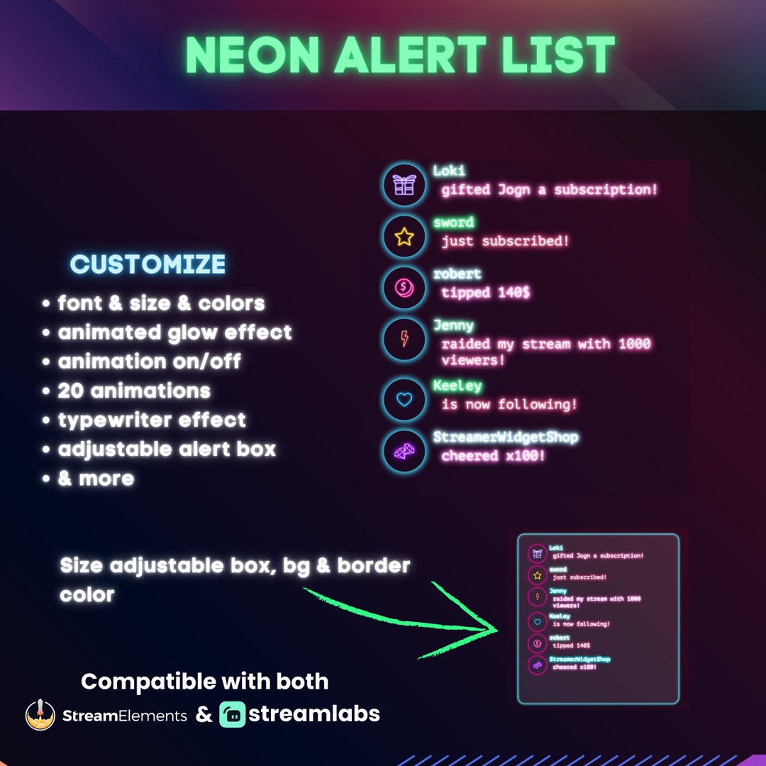 Neon Event List for Twitch Rotator, Follow, Subscribe, Donation, Merch