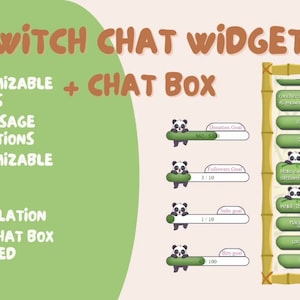 May include: A green and brown Twitch chat widget featuring a panda bear design. The widget offers customizable alerts, 33 message animations, a customizable font, easy installation, and a cute chat box. The widget also includes a progress bar with a panda bear holding a bamboo shoot.
