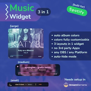 Spotify Music Widget for Streamers, 3 in 1, Currently Playing Song, StreamElements OBS | Twitch, Youtube, Kick, Facebook
