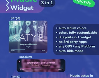 Widget de música de Spotify para streamers, 3 en 1, canción en reproducción, StreamElements OBS / Twitch, YouTube, Kick, Facebook