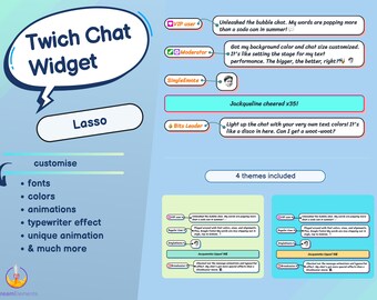 Widget de chat Lasso Twitch, efecto de animación único, personalizar colores, efecto de máquina de escribir, alertas, insignias, gestos