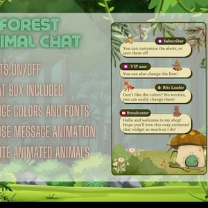 Forest animated twitch chat widget + free cozy chat box, 13 animal animations with integrated alerts