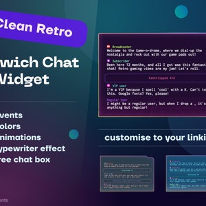 Clean Retro Twitch Chat Widget, Changing Color Effect, Super Customizable Overlay, Typewriter Effect, Alerts, Badges, Emotes, Animated