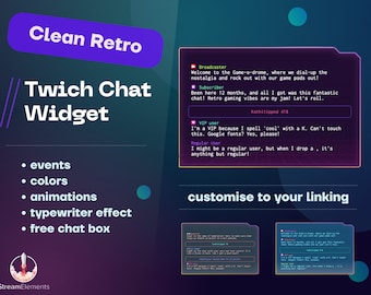 Widget de chat de Cyber Twitch: estilo retro, amplias opciones de personalización, animación de máquina de escribir, emoticonos y alertas.