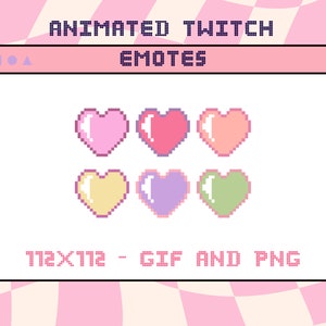 May include: Animated Twitch emotes featuring six pixelated hearts in different colours: pink, red, orange, yellow, purple, and green. The emotes are 112x112 pixels and available in GIF and PNG formats.