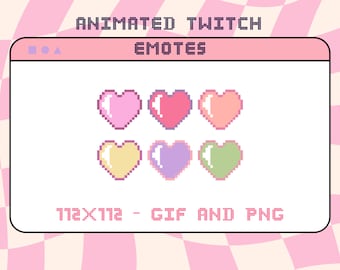 Emoticones de píxeles animados de Twitch: corazones coloridos de 8 bits retro giratorios