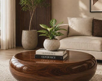 Solid Walnut Round Coffee Table, Modern Pebble Wood Table, Japandi Low Center Table, Minimalist Living Room Furniture