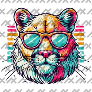 Vibrant Mountain Lion with Sunglasses Pop Art | Digital Download | 300 DPI Transparent PNG