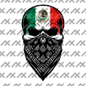 Puede incluir: Una ilustraci&oacute;n gr&aacute;fica de un cr&aacute;neo humano que presenta los colores verde, blanco y rojo de la bandera mexicana en la parte superior, incluyendo el emblema central del &aacute;guila. El cr&aacute;neo lleva un pa&ntilde;uelo negro con un patr&oacute;n de cachemira blanco.