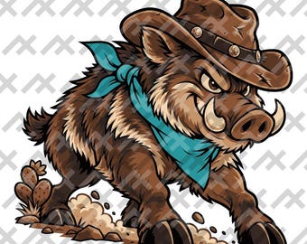 Cowboy Javelina svg PNG EPS PDF | Western Desert Animal Clipart | Texas Peccary Bandit Design | Turquoise Bandana Cowboy Graphic
