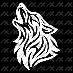 May include: A white graphic illustration of a howling wolf head rendered in a stylised tribal pattern. The design features sharp, flowing lines and pointed shapes that form the silhouette of the animal, set against a solid black background.