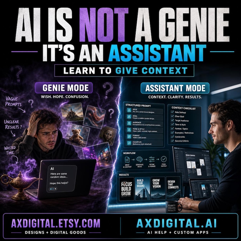 May include: Digital graphic promoting AI as an assistant. The image contrasts 'Genie Mode' with vague prompts and unclear results against 'Assistant Mode' with context and clarity. Includes website addresses for designs and AI help.