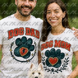 Dog Mom + Dog Dad Matching Shirt Bundle – Bold Retro Crest Designs for Couples – PNG + EPS pdf Digital Download