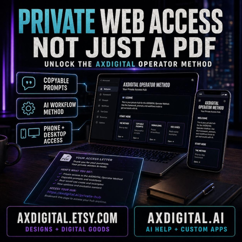 May include: An advertisement for a digital product, showcasing a laptop, smartphone, and access letter displaying the "AXDIGITAL OPERATOR METHOD." The image highlights copyable prompts, AI workflow methods, and phone/desktop access. The text includes "PRIVATE WEB ACCESS NOT JUST A PDF" and "AXDIGITAL.ETSY.COM DESIGNS + DIGITAL GOODS."
