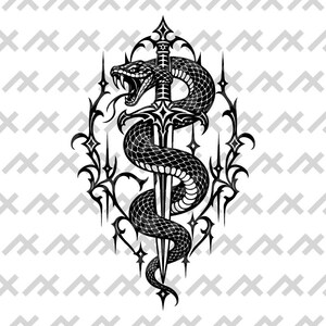 Peut inclure: Une illustration graphique en noir et blanc représentant un serpent détaillé enroulé étroitement autour d'une épée pointue. Le motif est encadré par des ornements symétriques complexes et des pointes en forme d'étoile dans un style sombre.