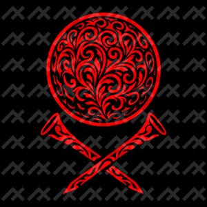 Puede incluir: Un diseño gráfico que presenta un emblema circular de color rojo brillante lleno de intrincados patrones de filigrana, colocado sobre dos clavos rojos cruzados que también muestran adornos decorativos a juego sobre un fondo negro.