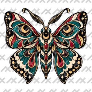 Puede incluir: Una ilustración simétrica de una polilla con patrones intrincados en verde azulado, rojo oscuro, negro y crema. Las alas muestran motivos de media luna y estrellas, mientras que el cuerpo central está adornado con acentos ovalados rojos.