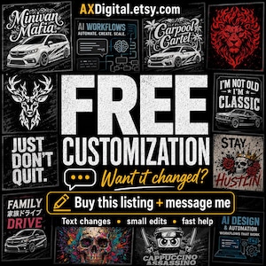 Puede incluir: Un collage digital que presenta varios dise&ntilde;os gr&aacute;ficos que incluyen una minivan, un le&oacute;n, una calavera y elementos de texto como Minivan Mafia, Carpool Cartel y Free Customization. El texto central dice Free Customization.
