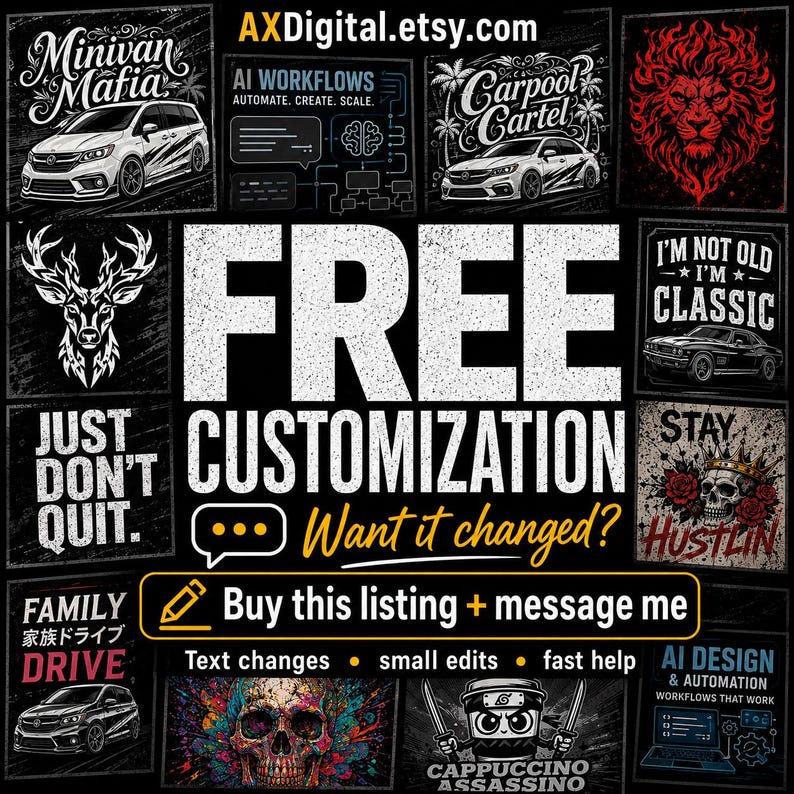 Puede incluir: Un collage digital que presenta varios dise&ntilde;os gr&aacute;ficos que incluyen una minivan, un le&oacute;n, una calavera y elementos de texto como Minivan Mafia, Carpool Cartel y Free Customization. El texto central dice Free Customization.