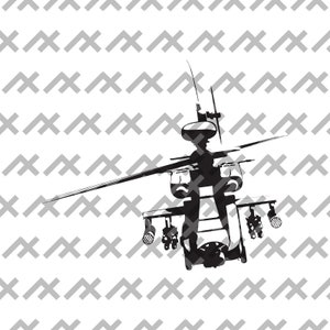 May include: A black and white graphic illustration of an attack helicopter viewed from the front. The helicopter features a rotor system, a central fuselage, and wing-mounted weapon pods. The background consists of a repeating pattern of gray chevrons.