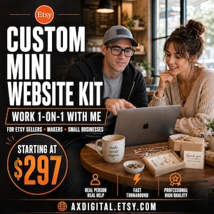 Może przedstawiać: Obraz promujący niestandardowy mini zestaw witryny Etsy. Obraz przedstawia mężczyznę i kobietę pracujących na laptopie z tekstem "Custom Mini Website Kit" i "Work 1-on-1 with Me". Widoczny jest również kubek do kawy i biżuteria.