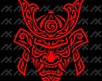 Samurai Oni Mask | Red-on-Black Vector Design eps pdf png svg