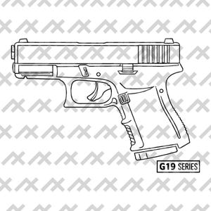 Könnte beinhalten: Schwarz-Weiß-Strichzeichnung einer Pistole der G19-Serie. Die Illustration zeigt die Umrisse der Schusswaffe, einschließlich Schlitten, Griff, Abzug und Magazin. Der Text "G19 SERIES" befindet sich in einem rechteckigen Feld unten.