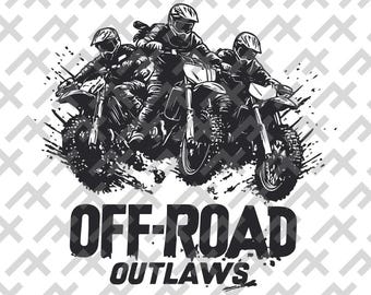 May include: A black and white graphic illustration featuring three riders on dirt bikes in a dynamic pose. Below the riders, the text reads OFF-ROAD OUTLAWS in bold, capital letters. The background consists of a repeating light gray geometric pattern.