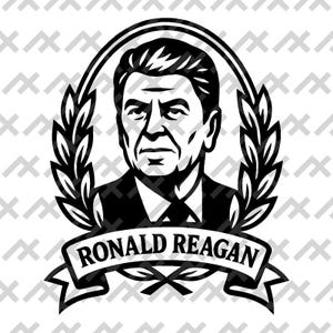 May include: Black and white graphic of Ronald Reagan, framed by an oval laurel wreath. The image features a detailed portrait of Reagan, with the name "RONALD REAGAN" displayed on a banner below the portrait. The design is a classic, stylized illustration.