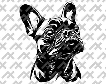May include: A high-contrast black and white graphic illustration of a French Bulldog head. The design features bold, solid black shapes and clean white highlights to define the dog's facial features, large upright ears, and expressive eyes.