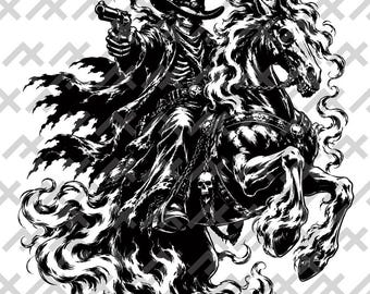 Undead Outlaw Cowboy SVG, Spooky Western Skull Rider, Spectral Horse Design, Gothic Western Digital Download