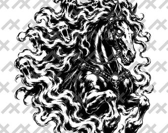 Spectral Warhorse SVG, Spooky Western Horse Design, Ghost Flame Mane Skull Bridle, Gothic Black and White Digital Download