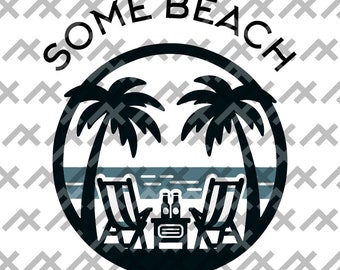May include: A circular graphic design featuring the text SOME BEACH in black capital letters. Inside the circle are two black palm trees, two beach chairs, and a small table with two bottles, set against a blue horizontal ocean horizon line.