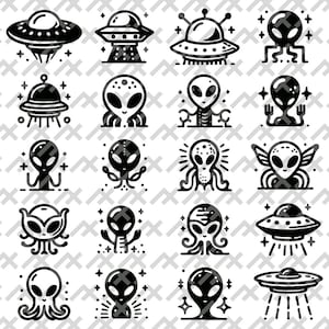 20-delige clipartbundel aliens en ufo's - svg/png/pdf/dxf-bestanden - collectie Sci-Fi en buitenaardse digitale kunst voor doe-het-zelfprojecten