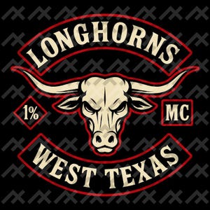 Może przedstawiać: Czarny i czerwony wzór naszywki Longhorns West Texas MC. Projekt przedstawia czaszkę długorogiego bydła z napisem "LONGHORNS" powyżej i "WEST TEXAS" poniżej. Tekst "1%" i "MC" są również uwzględnione.