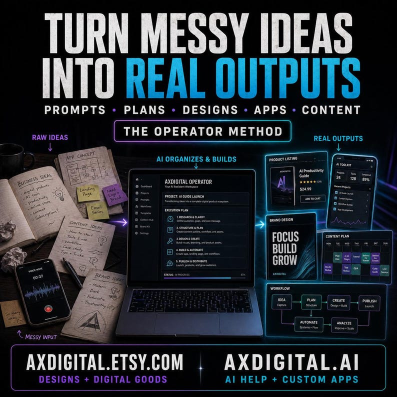 May include: A digital marketing graphic with the headline "Turn Messy Ideas Into Real Outputs." It showcases a laptop with software, handwritten notes, a smartphone, and digital product mockups. The website address is axdigital.etsy.com.