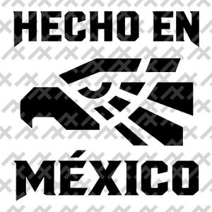 May include: A black graphic design featuring a stylized eagle head in profile, positioned between the words HECHO EN at the top and MÉXICO at the bottom, all set against a repeating pattern of small, dark gray geometric chevron shapes.