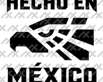 May include: A black graphic design featuring a stylized eagle head in profile, positioned between the words HECHO EN at the top and MÉXICO at the bottom, all set against a repeating pattern of small, dark gray geometric chevron shapes.