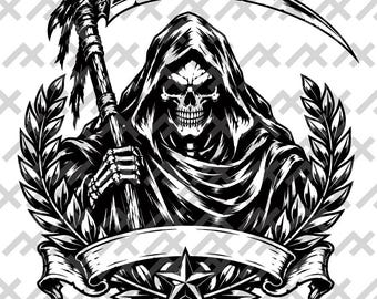 Grim Reaper SVG, Blackwork Death Crest, Scythe Skull Tattoo Design, Gothic Laurel Emblem, Black and White Digital Download